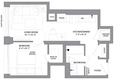 Floor plan for 1 bed, 1 bath, 492 sqft